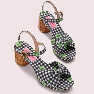 KATE SPADE Black Gingham Hayden Knot Platform Sandals Woven Wicker Heels